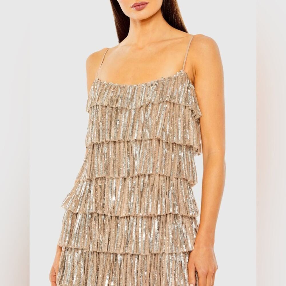 Mac Duggal Gold Beaded Sequin Ruffle Mini Dress NWT Size 2 Nude Gold Silver - Picture 8 of 12